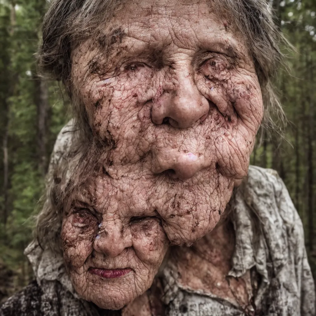 Image similar to close up portrait of an old woman with sinister face and dirty clothes standing outside of an old cabin, forest in the background, bokeh, depth of field, dramatic lighting, cinematic, vivid colors, matte painting, vivid color scheme