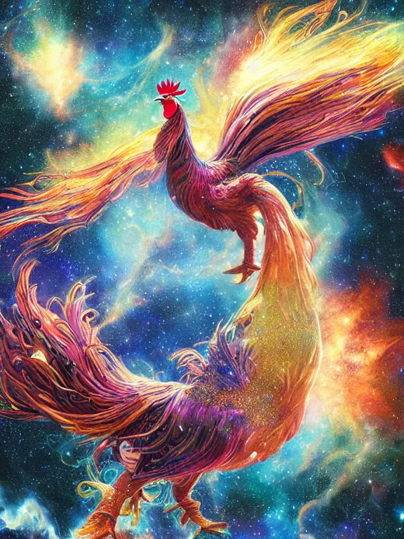 Image similar to a giant rooster floating in space, galaxy cosmic nebula, epic, volumetric light, hyperrealistic, glitter, mega detailed, beautiful composition, beautiful lighting, unreal render, 4 k, vincent di fate, john berkey, michael whelan