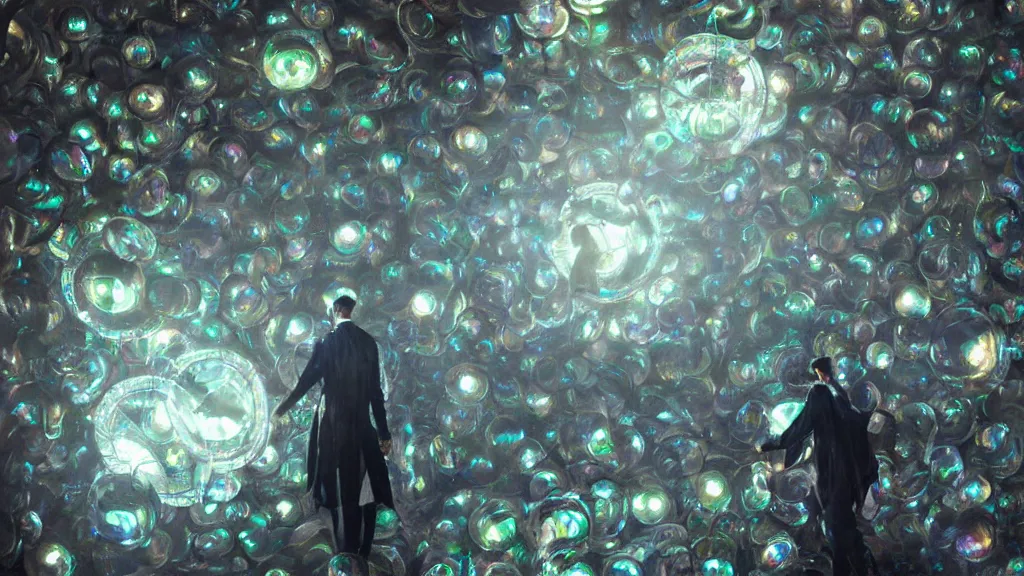 Image similar to swarm of glowing iridescent discs surrounding a victorian man, by greg rutkowski