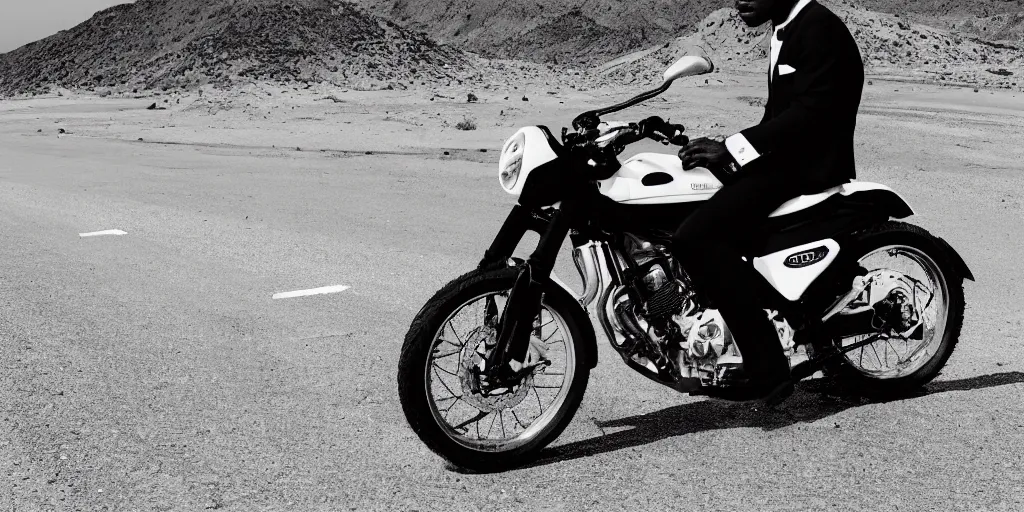 Image similar to Frank ocean wearing a black and white suit, riding a motorcycle in the desert on a road