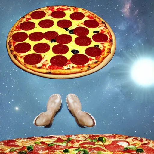 Image similar to giant pizza hovering above planet earth