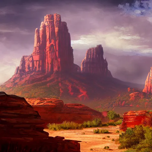 Prompt: a matte painting of the sci - fi wild west sedona, oil painting, pale colors, high detail, 8 k, wide angle, trending on artstation,