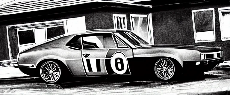 Image similar to black audi camaro b 1 ( 1 9 6 7 ) with stripes, retro poster, establishing shot