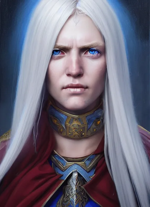 Image similar to a _ fantasy _ style _ portrait _ painting _ of white female paladin with blonde hair and blue eyes shy, scar under left eye, holy oil _ painting _ unreal _ 5 _ daz. _ rpg _ portrait _ extremely _ detailed _ artgerm _ greg _ rutkowski _ greg