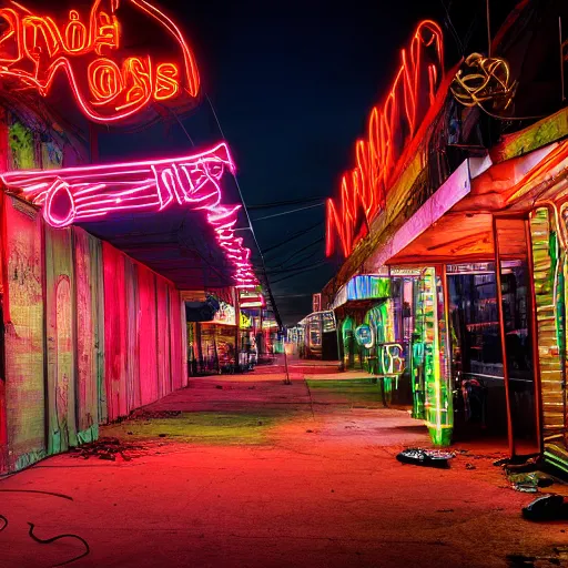 Image similar to thin tendrils of colored smoke whip and swirl around him as he walks down the lonely street of abandoned neon - lit storefronts