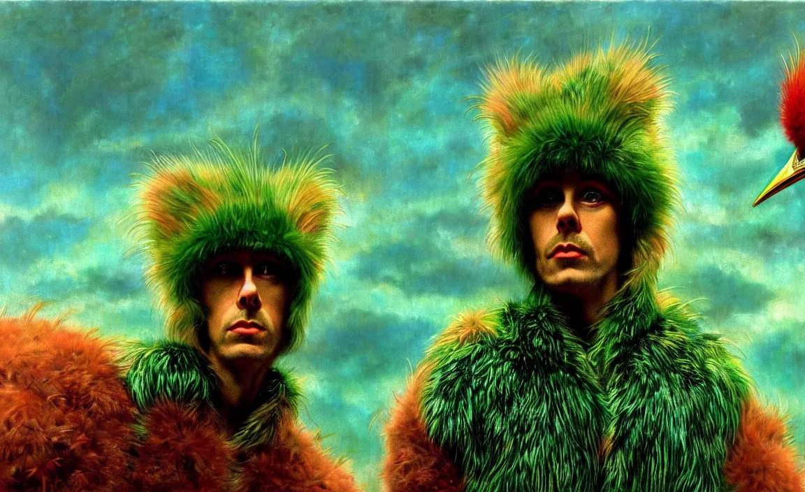 Image similar to realistic detailed portrait movie shot of a birdman wearing green fur coat, sci fi city landscape background by denis villeneuve, amano, yves tanguy, alphonse mucha, ernst haeckel, max ernst, roger dean, masterpiece, rich moody colours, blue eyes, occult