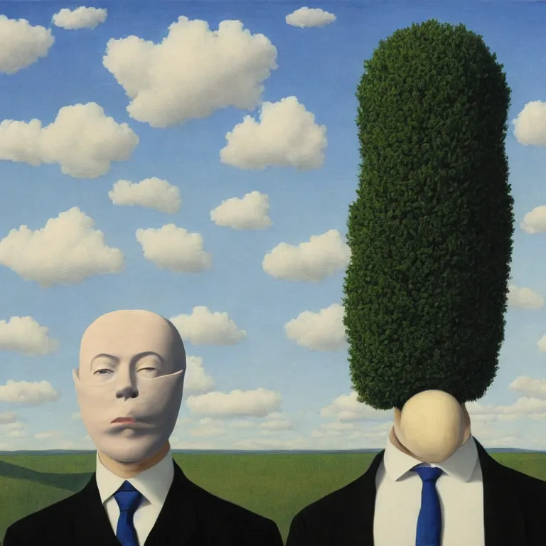 Image similar to portrait of a faceless white masked - head man in a suit, clouds and nature landscape in the background, by rene magritte, detailed painting, distance, centered, hd, hq, high resolution, high detail, 4 k, 8 k