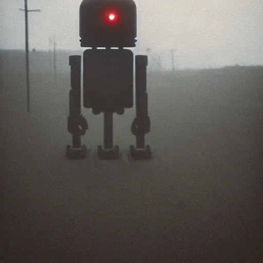 Image similar to the liminal observer droid by dennis mejillones, in a brutalist yet rural landscape by simon stalenhag, 3 5 mm film photography, dawn, eerie fog