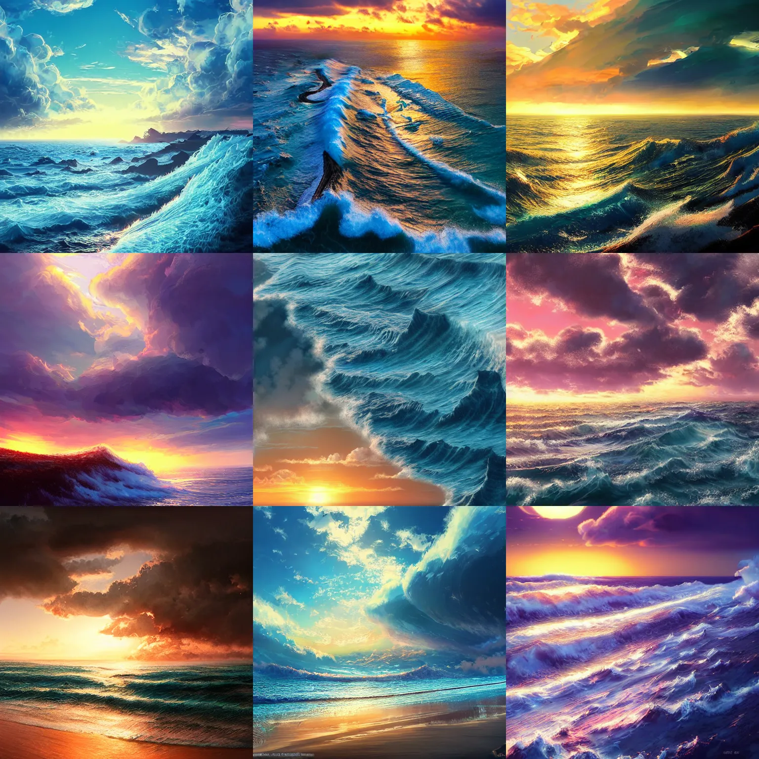 Prompt: archipelago and delta with blue sea and sunset, foamy waves, breathtaking clouds, intricate detail, 8k, beautiful atmosphere, anime, by wlop