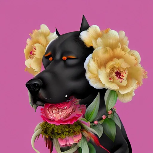 Image similar to Fu dog with peonies, digital art, 8k, trending on artstation