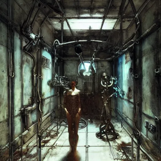 Prompt: horrorpunk interior of pristine steampunk asylum laboratory testing chamber containing a chained mutant cyborg nicola samori marc simonetti william-adolphe borguereau viktor vasnetsov charlie bowater oil painting