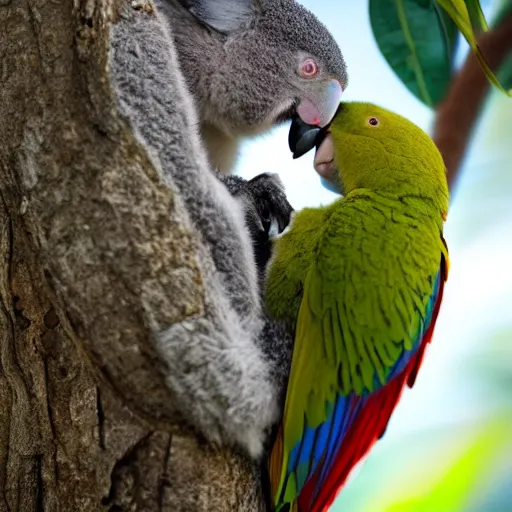 Prompt: award winning nature photograph of a parrot's beak on a koala in a tree. the koala is eating a eucalyptus leaf. focus on the beak. extreme detail, hyperrealistic photo, smooth, trending on artstation