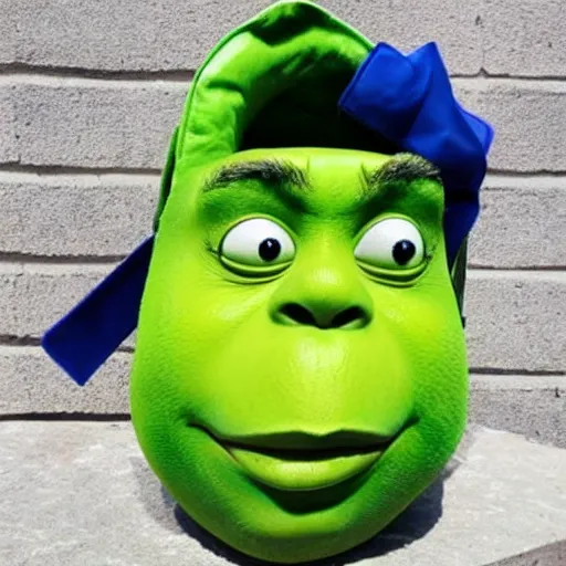 Image similar to a children's bag inspired and themed by shrek's design, a bag in the shape of shrek, high quality product, product design, sherek head design as a bottle,