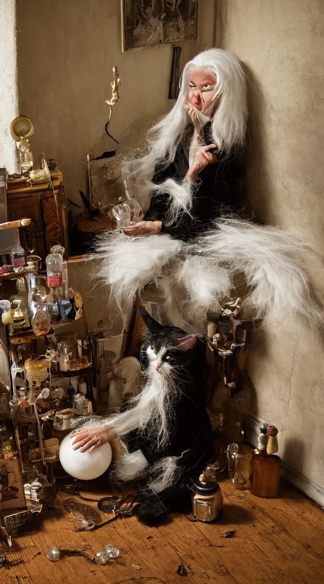 Image similar to full body protrait beautifull witch with white hair in old room. A cristal ball on a wood table with a potions and old instruments. A cat on the floor licking his paw. photorealistic, profesional photo, by Steve McCurry