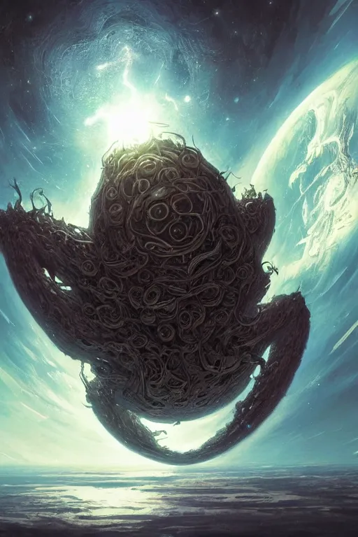 Prompt: azathoth in space looking at earth, larger than earth, huge, towering, gigantic, high octane, 8 k, digital art, magic the gathering, mtg, by greg rutkowski, trending on artstation