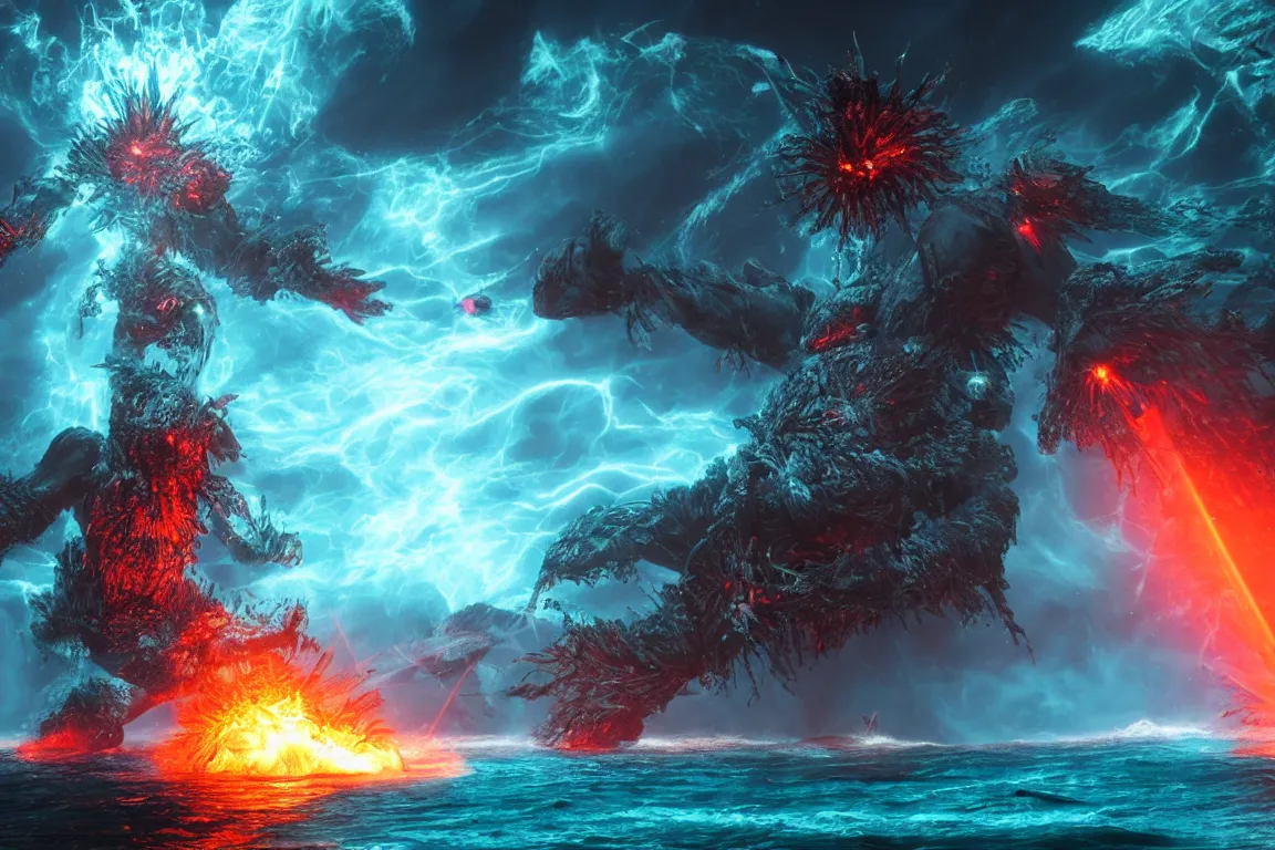 Image similar to colossal shaman god destroying very living thing in the ocean, made of lasers, cast across the night sky, 8 k, ultra realistic, lens flare, atmosphere, glow, detailed, intricate, full of colour, cinematic lighting, trending on artstation, 4 k, hyperrealistic, focused, extreme details, unreal engine 5, cinematic, masterpiece