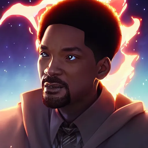 Image similar to portrait of will smith the mage of flame slaps, anime fantasy illustration by tomoyuki yamasaki, kyoto studio, madhouse, ufotable, square enix, cinematic lighting, trending on artstation