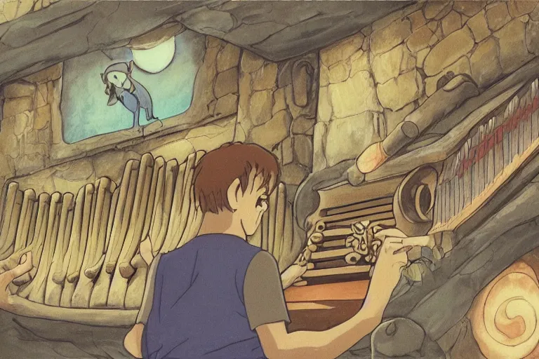 Image similar to A cell animation of an old wizard playing a magical pipe organ, Nausicaa of the Valley of the Wind, Miyazaki Hayao, ghibli style, illustration, anime, trending on artstaion