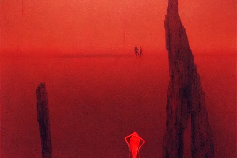 Image similar to only with red, red god of death eat apple, a futuristic city on mars in the background, red worms on the floor, in the style of beksinski, part by hopper, part by rodcenko, part by hofbauer, intricate composition, red by caravaggio, insanely quality, highly detailed, masterpiece, red light, artstation, 8 k