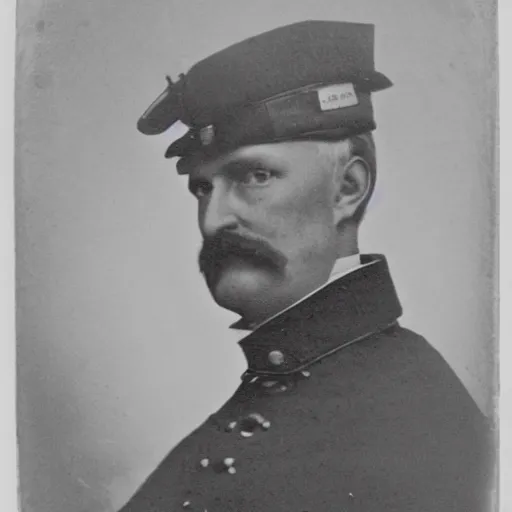 Image similar to daguerrotype portrait of a 19th-century Belgian army general, with a spectre of death looming silently behind him.