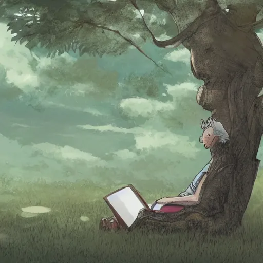 Prompt: man reading a book under a tree, digital art, artstation, studio ghibli