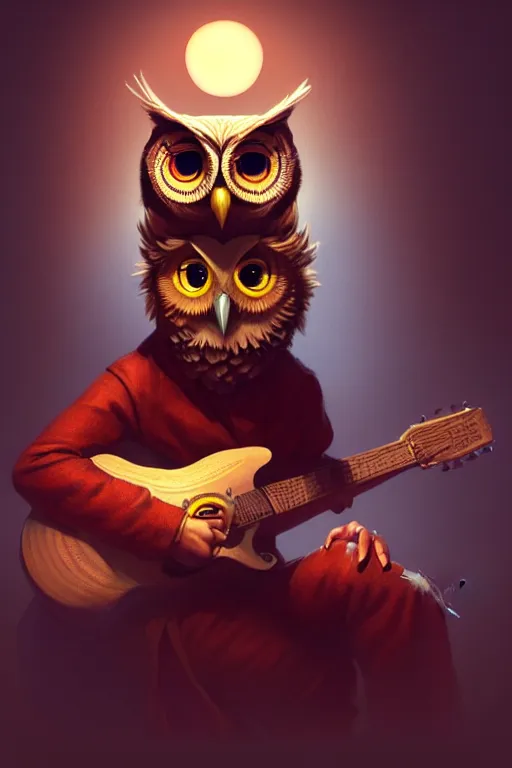 Image similar to portrait of an anthropomorphic owl playing the guitar, dramatic lighting, highly detailed, digital painting, artstation, concept art, smooth, sharp focus, illustration, art by wlop, mars ravelo and greg rutkowski