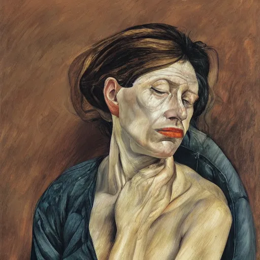 Oil painting Portrait of a sad Woman resting, by | Stable Diffusion