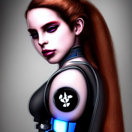 Image similar to young lady cyborg like lana del ray, bioorganic concept, beautiful face, full body, photorealistic
