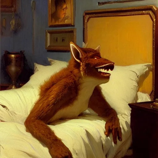 Prompt: a portrait of a furry alien in bed. highly detailed painting by gaston bussiere, craig mullins, j. c. leyendecker, furry