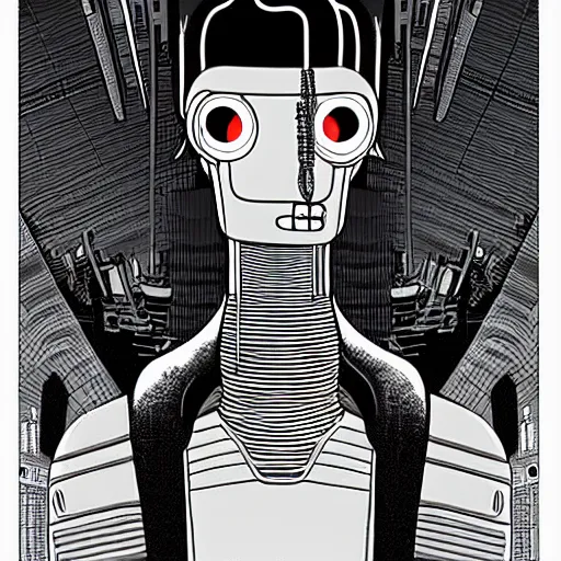 Prompt: portrait bender from futurama in futuristic city, by tsutomu nihei, by h. r. giger