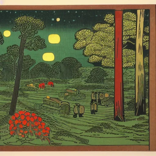 Prompt: colored woodblock print, space marines, lush pastoral woodland scene