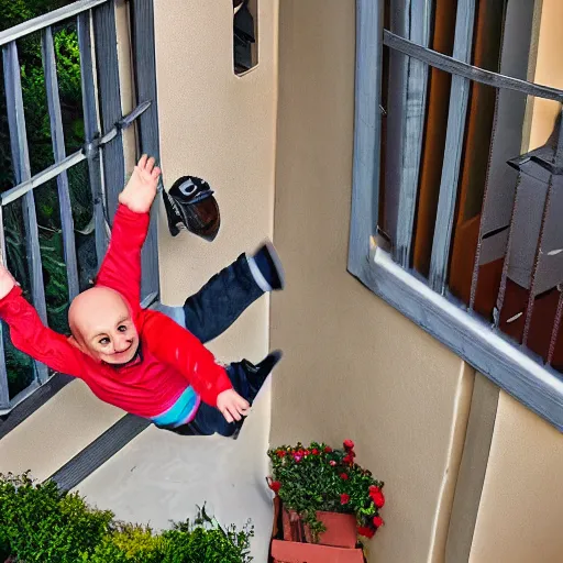 Image similar to some dwarfs are making some backyard somersault from a balcony, photography