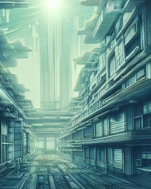 Prompt: a beautiful very detailed anime illustration of architecture unfinished building city manor nature industrial architecture by cesar pelli, bladerunner 2 0 4 9 retro morning sun, archdaily, wallpaper, highly detailed, trending on artstation.