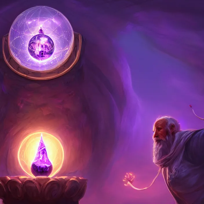 Prompt: A magical globe with a wizard trapped inside. Magic, purple lighting, flux. High fantasy, digital painting, HD, 4k, detailed.