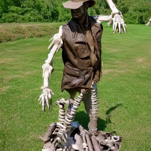 Prompt: sculpture of indiana jones made of bones