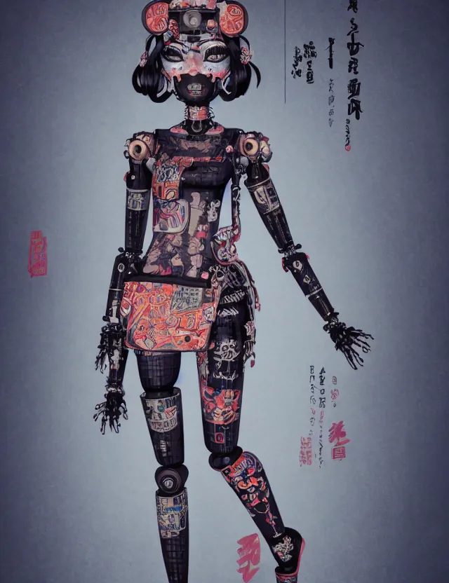 Prompt: full body portrait of a gothic style punk geisha robot with kanji tattoos and decals wearing a digital pixelated kimono, intricate design, photo - realistic, octane render, ultra fine detailed, character design, trending on artstation