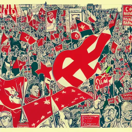 Image similar to a communist revolution in Candy Land, 1960s illustration, high quality, collage in the style of Klaus Voormann, album cover, white and red peppermint motif