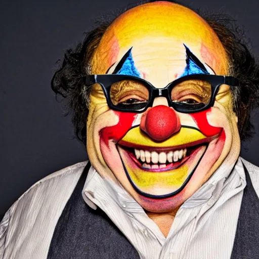 Image similar to danny devito in clown mask with fangs