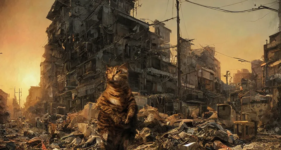 Image similar to craig mullins and ghibli digital art of in a sunset alley, this half - human, half - cat monster stares at you, hiding its body in the shadow of a pile of debris. american city, street, 1 9 2 0 unreal engine, hyper realism, realistic shading, cinematic composition, realistic render, octane render, detailed textures, photorealistic, wide shot