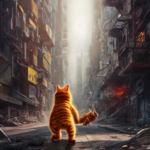 Prompt: A photorealistic render of Garfield the cat as a giant robotic mech suit, walking through a post-apocalyptic cityscape, ArtStation