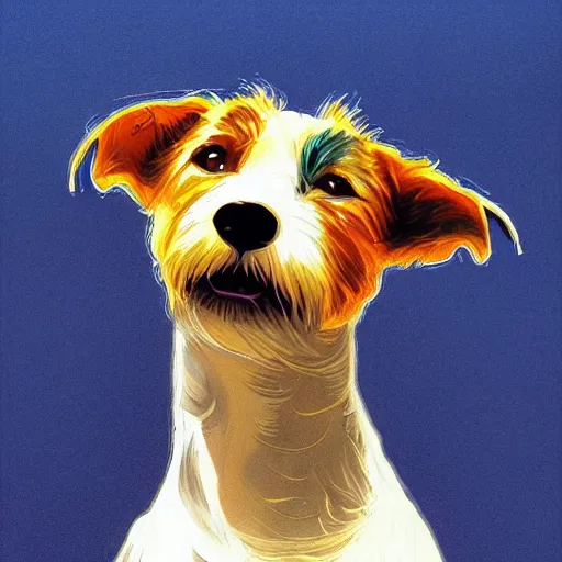 Prompt: portrait of a Jack Russell Terrier in blue and yellow attire, fantasy, intricate, elegant, highly detailed, digital painting, artstation, concept art, smooth, sharp focus, illustration, art by artgerm and greg rutkowski and alphonse mucha