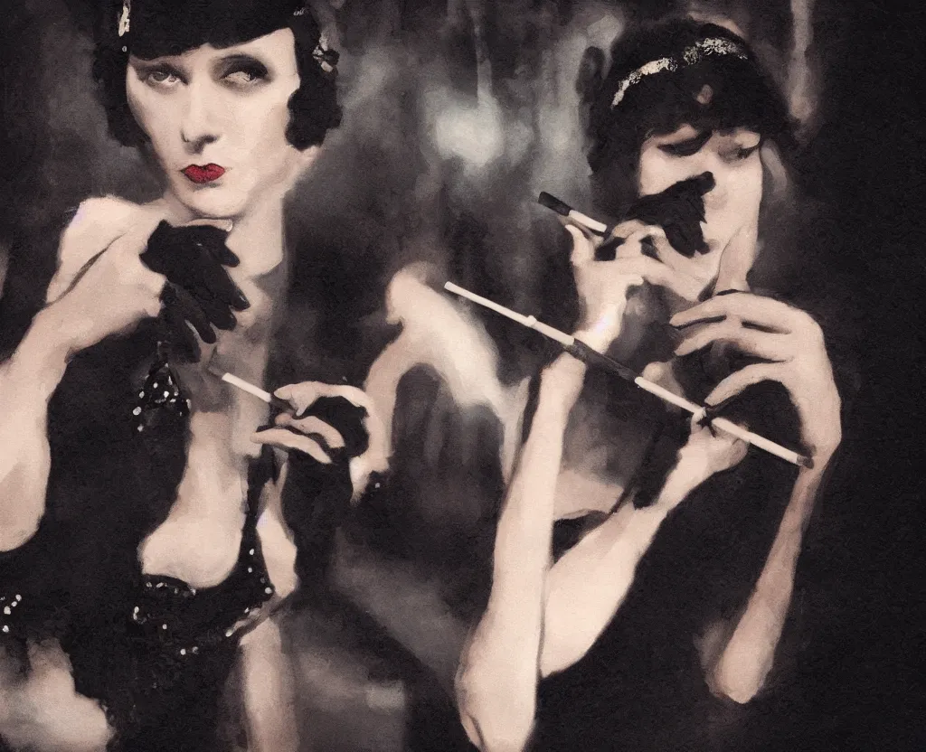 Prompt: realistic painting of a 1 9 2 0 s short - haired flapper woman in black satin gloves holding a long cigarette holder, at a jazz party in a dimly lit speakeasy in the background, jazz age, precise, 5 0 mm lens photography, closeup shot, cohesive, cinematic, low - lighting