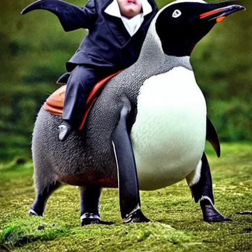 Image similar to penguin that is riding a horse, the penguin rides a horse