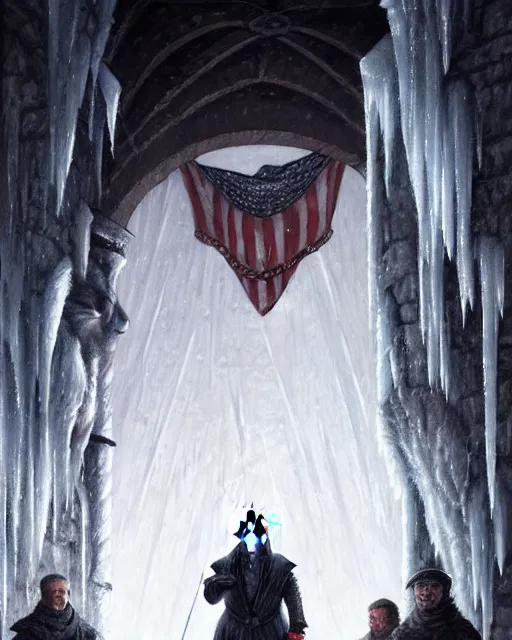 Image similar to trump as man of the night's watch, on the wall made of ice, middle ages, game of thrones | | realistic shaded, fine details, realistic shaded lighting painting by greg rutkowski, diego gisbert llorens, magali villeneuve, artgerm, jeremy lipkin, michael garmash, rob rey