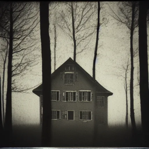 Prompt: house in the wood, big moon, artwork by Rene Magritte, night, pinhole analogue photo quality, monochrome, blur, unfocus, cinematic, 35mm