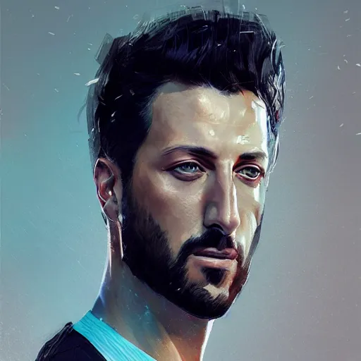 Prompt: portrait of maksim chmerkovskiy by greg rutkowski, young, attractive, highly detailed portrait, scifi, digital painting, artstation, concept art, smooth, sharp foccus ilustration, artstation hq