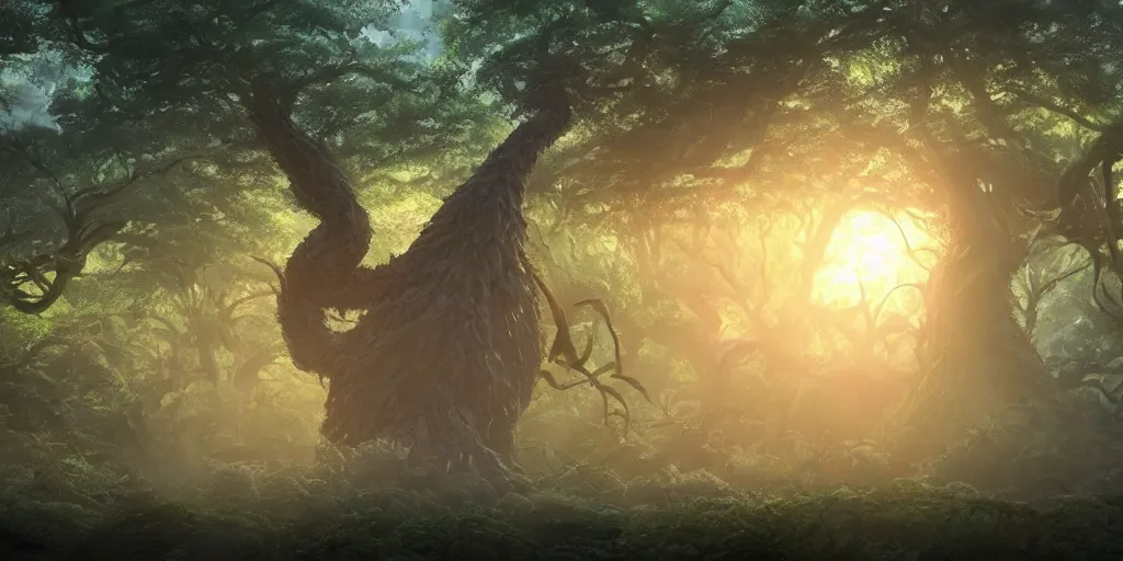 Image similar to giant liquid spirit monster!!!, forest treetops, 4 k, high detail, dramatic lighting, sunset, hayao miyazaki, masashi ando, nizou yamamoto, kazuo oga, joe hisaishi, yoji takeshige, naoya tanaka