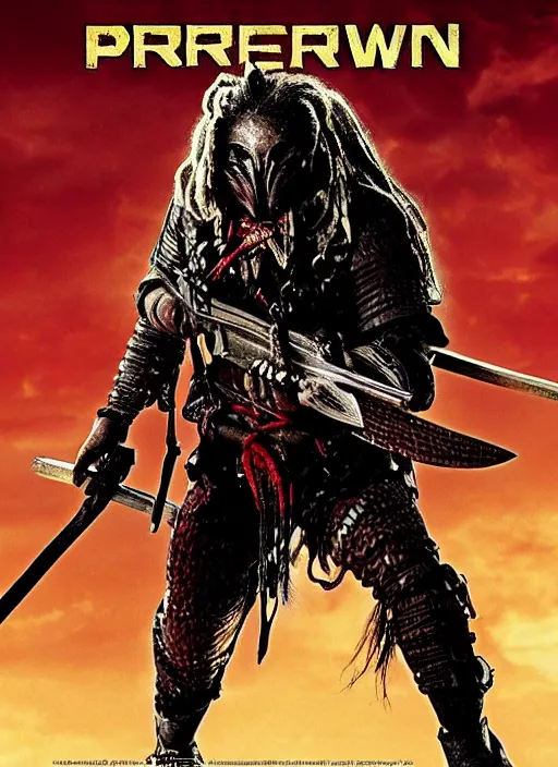 Image similar to movie poster for predator film shot in feudal japan staring hiroyuki sanada as a disgraced ronin who hunts down the predator after he fails to protect his master from it. in the style of al kallis, reynold brown, h. r. geiger.