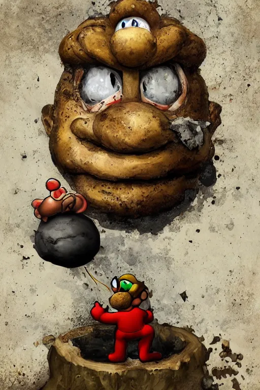 Image similar to mario eating toad in the style of saturn devouring his son, canvas painting, digital art, crumbling plaster, extremely detailed, photoshop, trending on artstation