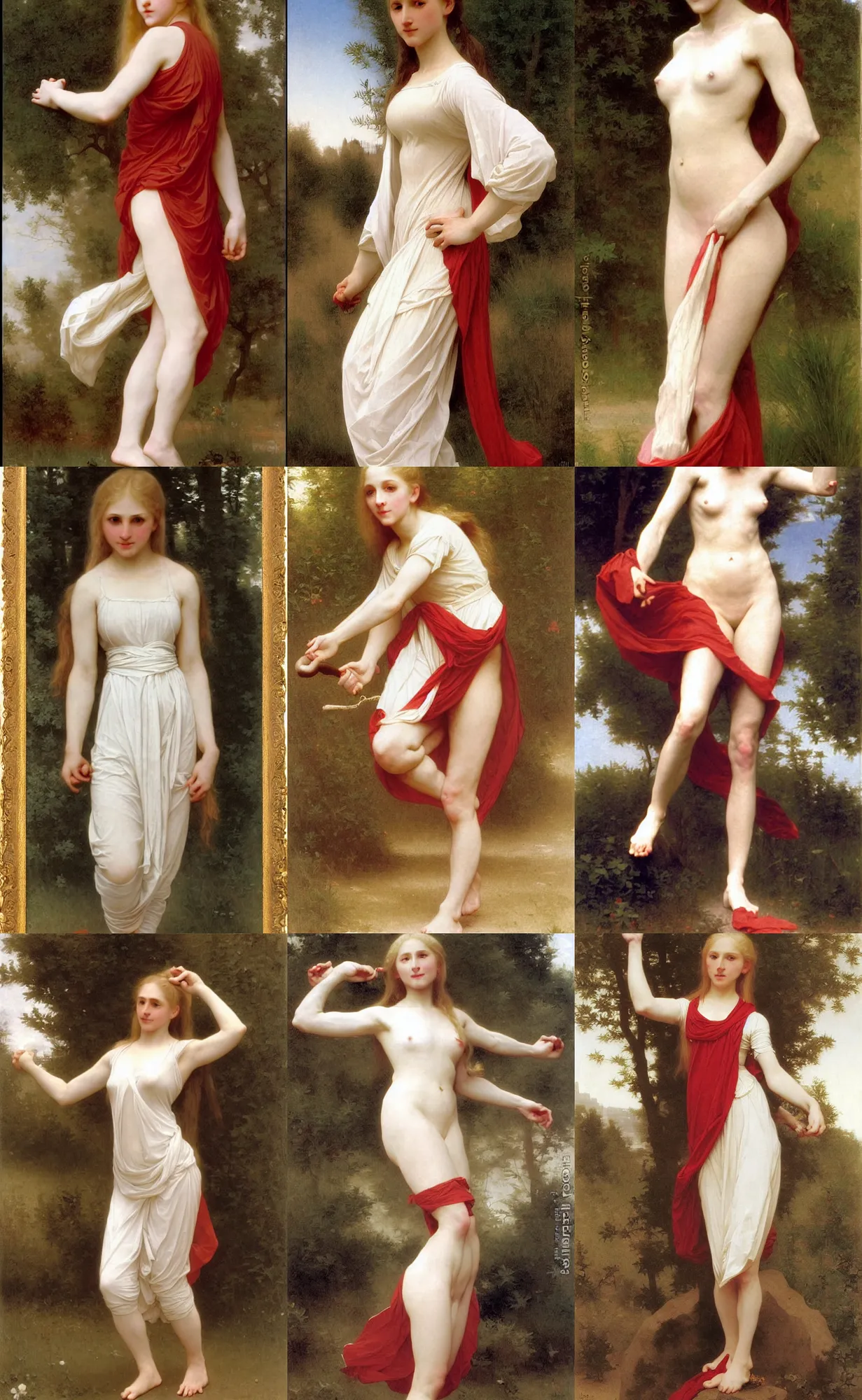 Prompt: pale girl slender elegant athletic with long blond hair, red and white cloth, bouguereau